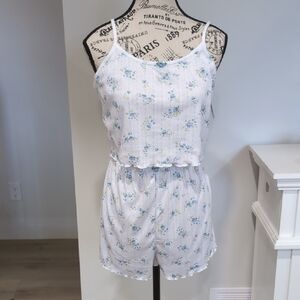 LALA | Women's White/Blue Floral Pointelle 2 Piece Tank And Shorts Pajama Set